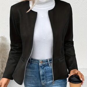 Cozy Solid Zip-Up Crew Neck Jacket